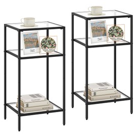 Homhedy 3-Tier Side Tables Set of 2, End Tables with Tempered Glass, Nightstands with Storage Shelves, Slim Sofa Tables for Living Room, Bedroom (2, Black)