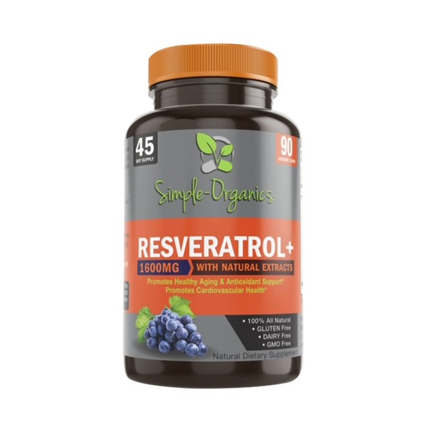 Simple-Organics Resveratrol 1600mg per Serving for Pure Extra Strength Complex, Anti-Aging, Radiant Skin, Immunity Support- 90 Capsules