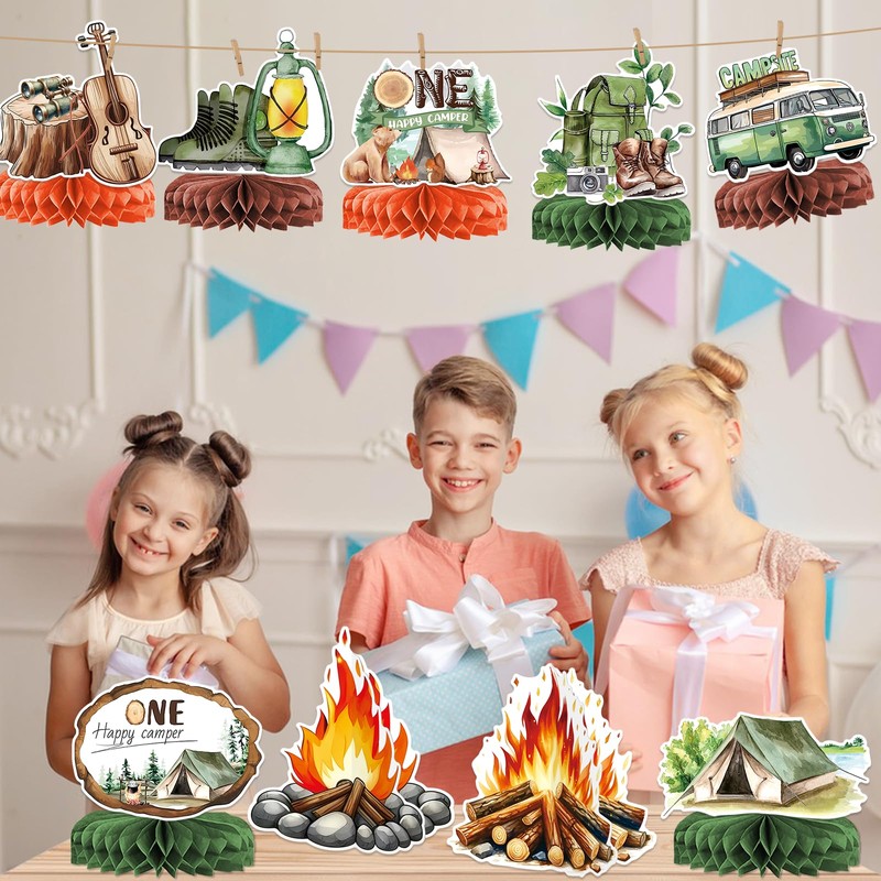 9 PCS Camping Honeycomb Centerpieces with Fake Campfire, Camping Table