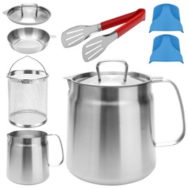 68 oz 304 Stainless Steel Oil Filter Pot, 2 in 1 Oil Strainer Pot Large Capacity Oil Filter Vessel Tank Oil Strainer Pot with Fry Basket Kitchen Oil Strainer Pot with Insulated Gloves and Food Clip