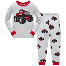 Popshion Boys Monster Truck Pyjamas Long Sleeve Cotton Pj Sleepwear Toddler Grey Clothes Set Kids 2 Piece Winter Pjs 4-5 Years