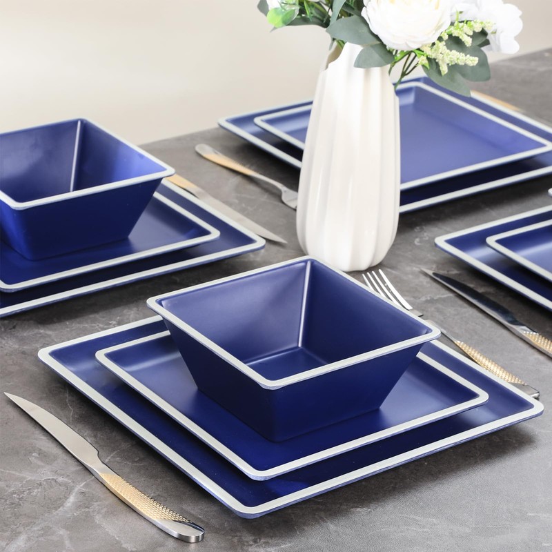Square Melamine Dinnerware Sets， Durable Square Dinner Plates and Bowls