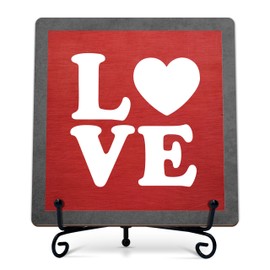 ONDTOM Valentine’s Day Decor - 5x5 Inch Wooden Plaque with Iron Stand, Vintage Red Valentine’s Day Tabletop Decor, Office Decorations & Thoughtful Gift for Loved Ones F06