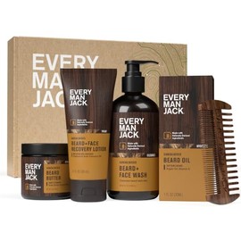 Every Man Jack Beard Essentials Set de regalo para hombres, rutina completa con 5 elementos esenciales de tamaño completo, aroma de sándalo, lavado de