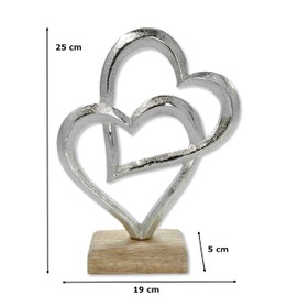 Metal Figurine Two Hearts on Wooden Base 19 x 25 cm Decorative Table Decoration Metal Heart Sculpture