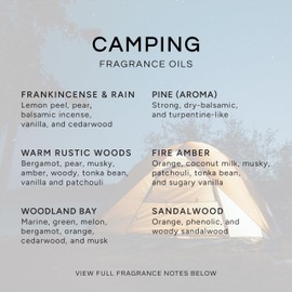 Eternal Essence Oils Camping Set of 6 Premium Fragrance Oils - Includes Warm Rustic Woods, Fire Amber, Pine, Sandalwood, Frankincense & Rain and Woodland Bay Scented Oils - 10ML