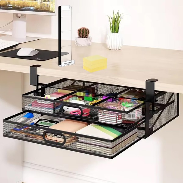 Under Desk Drawer Storage 2 Layers, Hideable Sliding Rail and