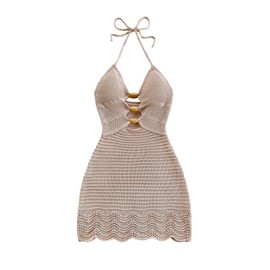 MakeMeChic Women's Cover Up Dress Halter Cut Out Knit Bathing Suit Beach Mini Dresses Apricot Small