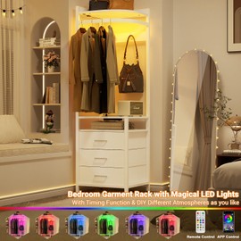 Cyclysio Corner Clothes Rack, 70'' Tall Corner Closet with Power Outlets & LED Lights, 4 Tier Garment Rack with 3 Drawers & 4 Hooks, Small Clothing Rack with Hanging Rack for Small Spaces, White