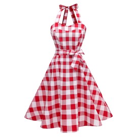Topdress Women's Vintage Polka Audrey Dress 1950s Halter Retro Cocktail Dress Red White Plaid Large