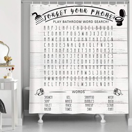 Funny Bathroom Word Search Shower Curtains, Forget Your Phone on Retro Wooden Plank for Country Rustic Bathroom Decor, Polyester Fabric Wood Shower Curtain, Washroom Bathroom Accessory Sets, (69X70)