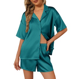 Ekouaer Women's Satin Pyjamas Short Sleeve Pjs Set Sleepwear with Button Placket Two Piece Loungewear, blue-green