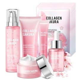 Sakura Skincare Set for Teen Girls 10-in-1 Travel Kit with Collagen Hydrating and Soothing Features Cherry Blossom Gift for Women Moisturizing Restoration Daily Size / 십대 소녀를 위한 사쿠라 스킨케어 세트 콜라겐 수분 공급 및 진정 기능이 포함된 10-in-1 여행 키트 여성을 벚꽃 선물 보습 복구 데일리 Size