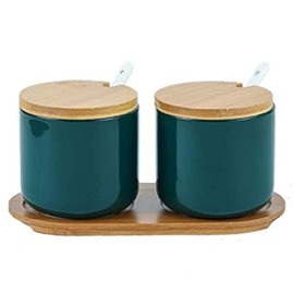 FülleMore Set of 2 Ceramic Sugar Bowls, Salt Jars, Spice Jars with Lid, Spoon and Tray, 260 ml Spice Box for Storing Sugar, Salt, Spices, Coffee, Tea (Green)