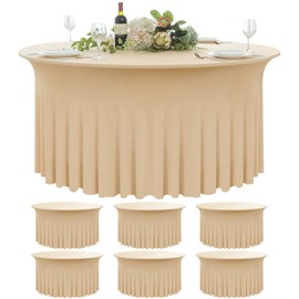 6 Pack Champagne Round Spandex Tablecloth 60 inch, Wrinkle Free Stretch 120 inch Round Spandex Tablecloths Fitted 5ft Tables, Ruffle Skirt Round Spandex Table Covers for Wedding Party Banquet