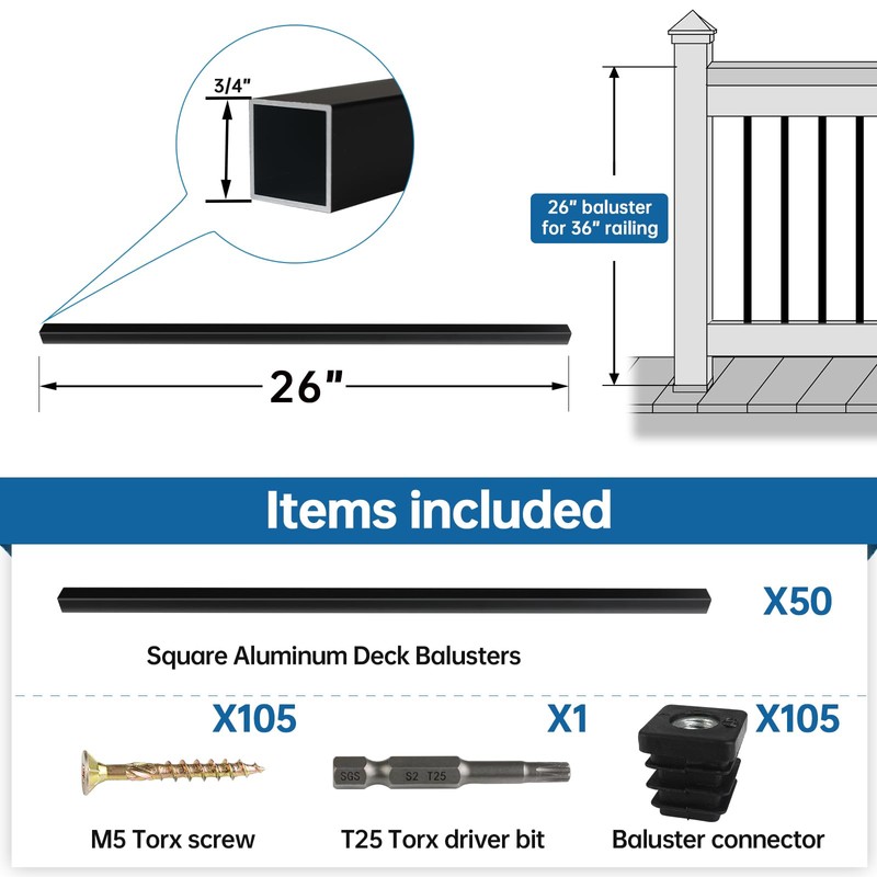 Muzata 50Pack 26" x3/4" Aluminum Deck Balusters Square Baluster Deck