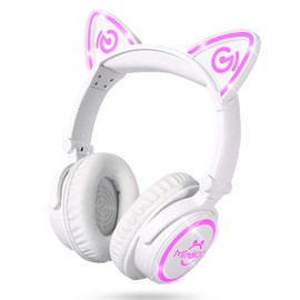 MindKoo Wireless Headphones Over Ear - Cat Ear Bluetooth Headphones LED Light, Foldable Headset Soft Earmuff Cellphones/Tablets/PC/TV, White