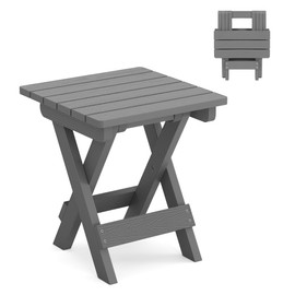 LUE BONA Small Outdoor Folding Side Table, HDPS Outside End Table for Patio, Porch, Deck, Pool, 14 Inch Height, Netural Grey