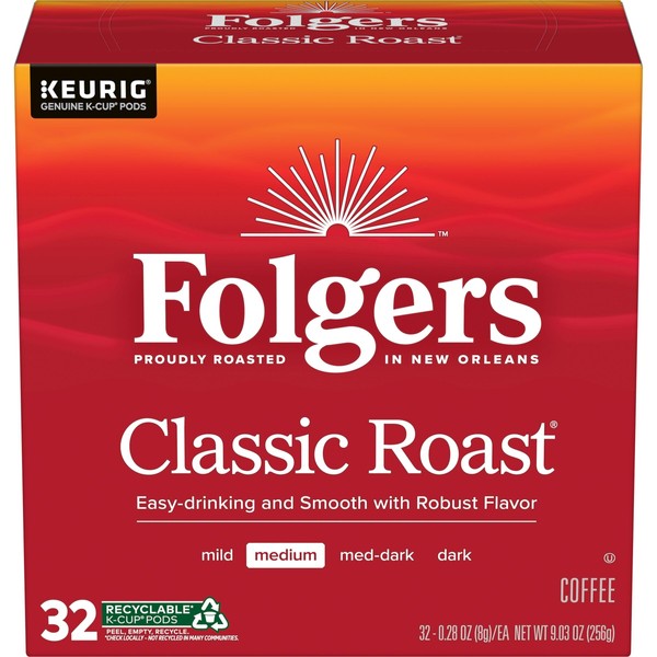 Folgers Classic Roast Coffee, Medium Roast, K Cup Pods for Keurig Coffee Makers, 32Count