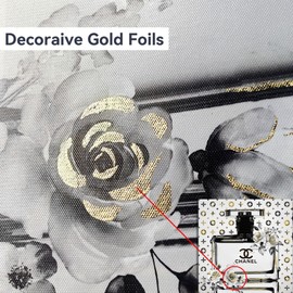 summer melody Perfume Bottles Canvas Wall Art Chic & Trendy Floral Theme Decorative Painting 24"x24" Black and White Fashion Picture Modern Artwork for Girl’s Room Bedroom Makeup Room