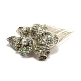 Medium Decorative Hair Comb Rhinestone Crystal Rose Simulated Pearl Bridal Hair Comb, White