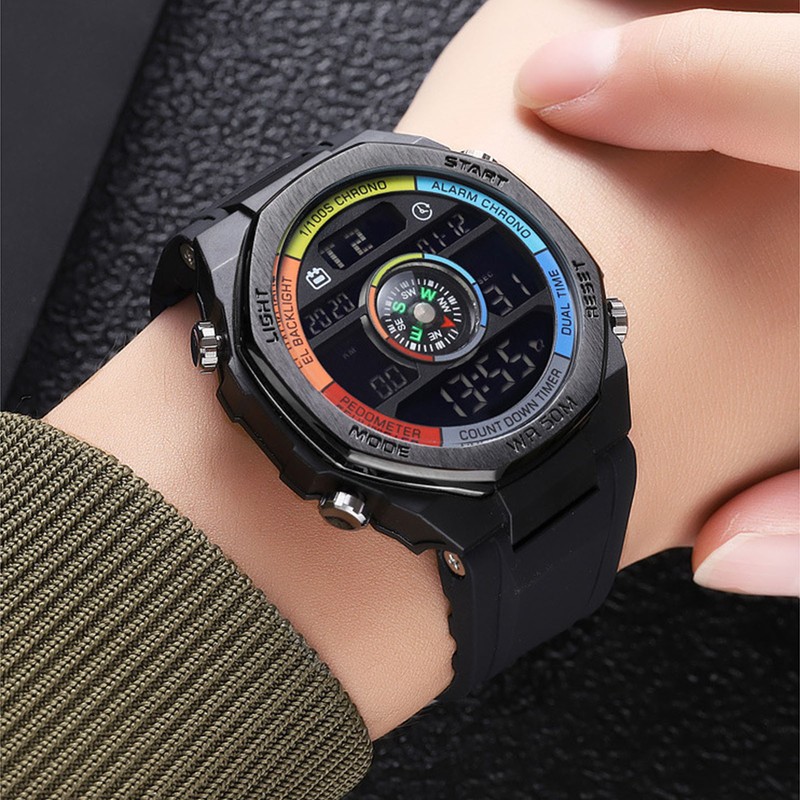 Outdoor Sports Electronic Watch Multifunctional Stylish Pedometer Compass Luminous Waterproof