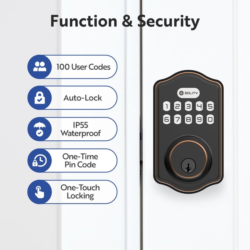 Solity Smart Digital Electric Deadbolt Keypad Lock, Keyless Entry, Auto