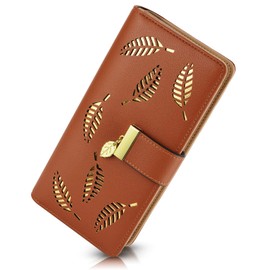 PGXT PGXT Women's Wallet Women Credit Card Holder Hollow Leaf Pattern Bifold Leather Lady Long Wallet Purse Zip Birthday Xmas Gifts for Women Girls(Brown)