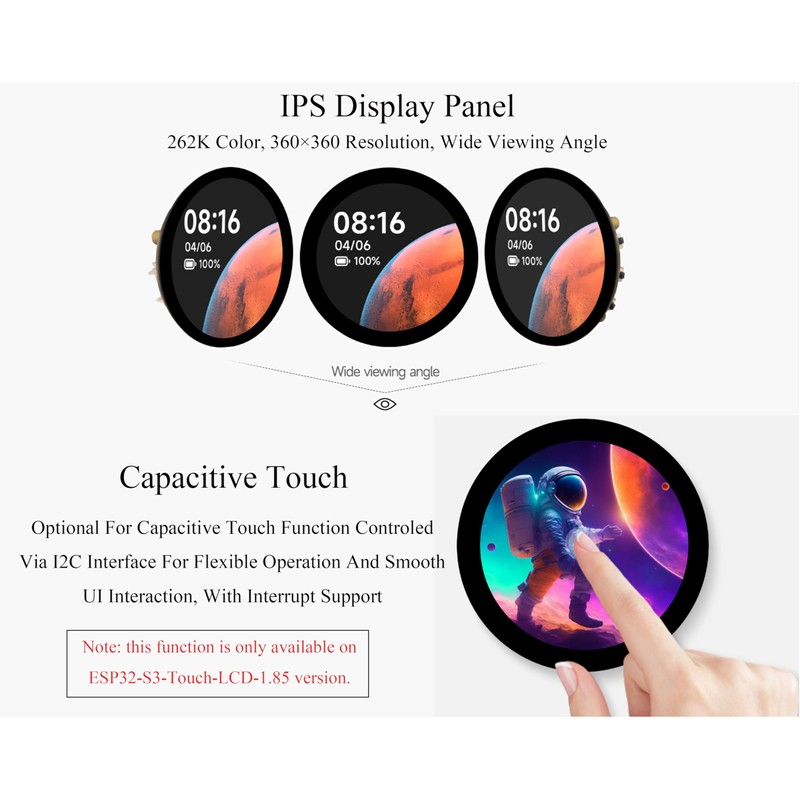 ESP32-S3 1.85inch Round Display Development Board, 360×360 IPS LCD, Dual-Core