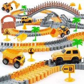 TGJH Construction Race Car Track Set for Kids - Flexible Engineering Toys with 2 Electric Cars, Birthday Gift for 3 4 5 6 7 Year Old Boys, DIY Road Games Playset with 220+ PCS