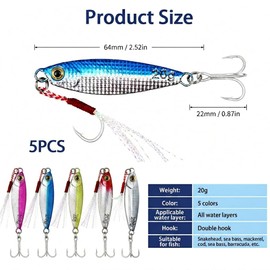 5PCS Sea Fishing Lures 20g Metal Fishing Spinners Tackle with Treble Hooks