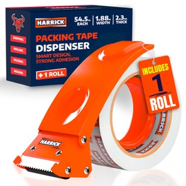 Clear Packing Tape with Dispenser 1.88 inch - Metal Strong & Durable Heavy Duty Packing Tape with Dispenser - Strong Strapping Tape with Dispenser Easy Tear & Seal - 1 Roll / 1 Dispenser / 54.5 Yards