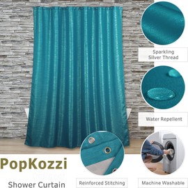 Teal Green Long Shower Curtain: 84 Inch Extra Tall Sparkly Metallic Shimmery Bling Shiny Textured Fabric Decorative Shower Curtains for Bathroom - Glam Fancy Luxury Modern Chic Design - 72x84