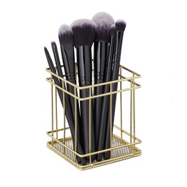 Relaxdays 1 x Pencil Holder Square Modern Brush Holder Cosmetic Wire Pen Cup Desk H x W x D: 10 x 9 x 9 cm Gold