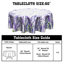 Lavender Spring Flowers Tablecloth Round 60 Inch Purple Florals Butterfly Table Cloths Polyester Fabric Spring/Summer Flowers Leaf Table Cover for Kitchen Dining Room Picnic Party Spring Outdoor
