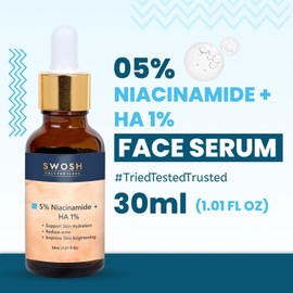 SWOSH 5% Niacinamide Face Serum With Hyaluronic Acid 1% Serum For Face (30ML) For Pimple Prone & Oily Skin | Skin Moirsturising, Plumps, Nourishes And Hydrates Skin