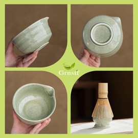 Grnstf Matcha Set 8-Piece Japanese Tea Ceremony Kit with Ceramic Bowl, Bamboo Whisk & Holder, 2 Scoops, Strainer, Tea Cloth - Complete Gift Set for Traditional Brewing Green