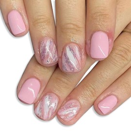 Pink Press on Nails Square Fake Nails Short Glossy Glue on Nails Lines Gradient Design Glitter False Nails Short Square Nails Press ons Cute Acrylic Nails Artificial Stick on Nails for Women 24Pcs
