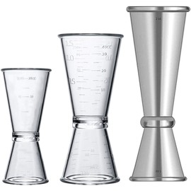 Double Clear Plastic and Stainless Steel Japanese Style Jigger, Set of 3, Cocktail Measuring Shot Glasses Drink Spirit Measure Cup for Bar Party Kitchen Tool