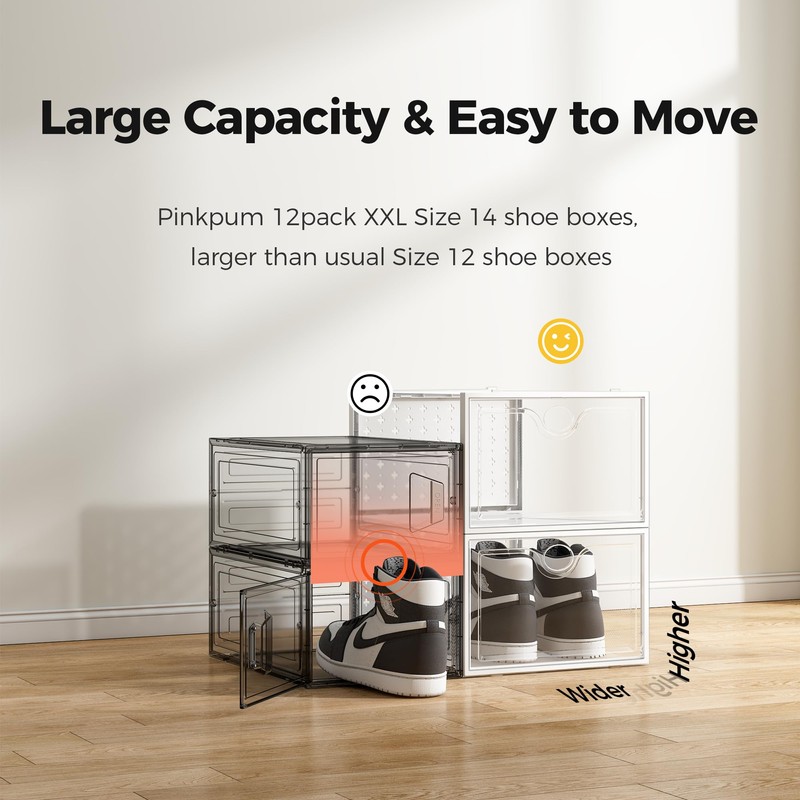 Pinkpum XXL Larger Shoe Storage Boxes Fit Size 14, Clear