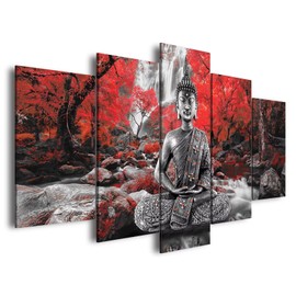 AWLXPHY Decor Buddha Wall Art Canvas Waterfall Painting Framed 5 Panels for Living Room Decoration Modern Landscape Buddha Trees Zen Wall Art Giclee (Red, 40"x20")