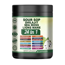 24 in 1 Soursop Supplement – Graviola Capsules with Shilajit, Sea Moss, Lions Mane,Turmeric, Ashwagandha, Ginger & Manuka Honey and More – Immune, Gut & Stress Support – Non-GMO, 90 Capsules