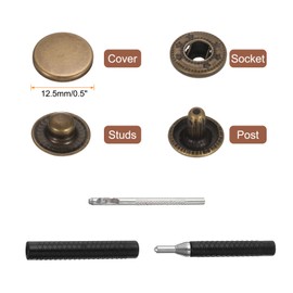sourcing map 50 Set Leather Snap Fasteners Kit 12.5mm Metal Snap Button Press Studs Leather Rivets Snaps with 3 Setter Tools for Clothes Jackets Jeans Wears Bags, Bronze