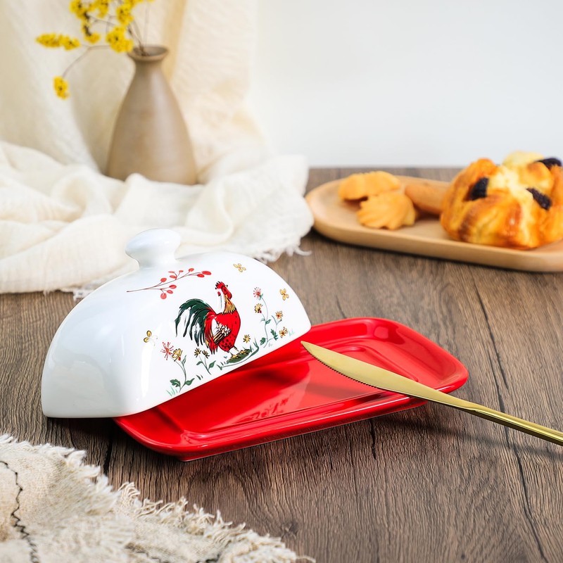 Sizikato Classic Porcelain Butter Dish with Lid, Beautiful Rooster Pattern