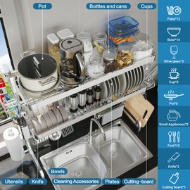 LIVOD Over The Sink Dish Drying Rack,3 Tier Adjustable Length Full Stainless Steel Large Storage Kitchen Dish Rack,for Kitchen Counter Expandable Multifunctional Organizers,Silver (25.5'' to 37.6'')