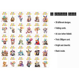 30 Animal Birthday Cards drawn in Bright Watercolours with White Envelopes - 30 Different Designs