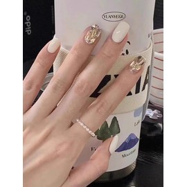LIyun&Hang 3D Handmade Press on Nails Short Square Shapes 24Pcs Glossy Full Cover Artificial Fake Nails With White With Shiny Rhinestones Design, Reusable Luxury jelly glue Stick On Nails, (type-4)