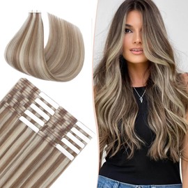 Benehair Tape in Human Hair Extensions, 16 inch Straight Invisible Tape Extensions Remy Blonde Hair Extensions 10pcs 20g Golden Brown Mix Bleach Blonde 12p613