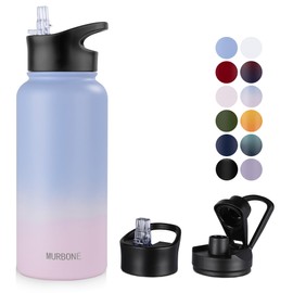 MURBONE Stainless Steel Drinking Bottle 1 Litre (+ 2 Lids) with Straw, BPA-Free, Leak-Proof, Suitable for Carbonated Drinks, Thermos Flask, Vacuum Double Wall Insulation for Sports, Travel, Camping