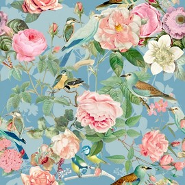 VEELIKE Watercolor Finches Bird Wallpaper Blue Floral Peel and Stick Wallpaper for Bedroom Bathroom 17.7''x118'' Removable Self Adhesive Botanical Wall Paper Blue Contact Paper for Cabinets Drawers